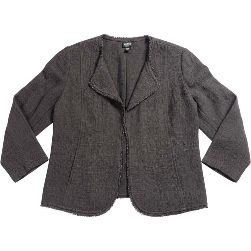 Eileen Fisher Petite Linen Rayon Open Front Fringe Blazer Jacket‎ Brown PM